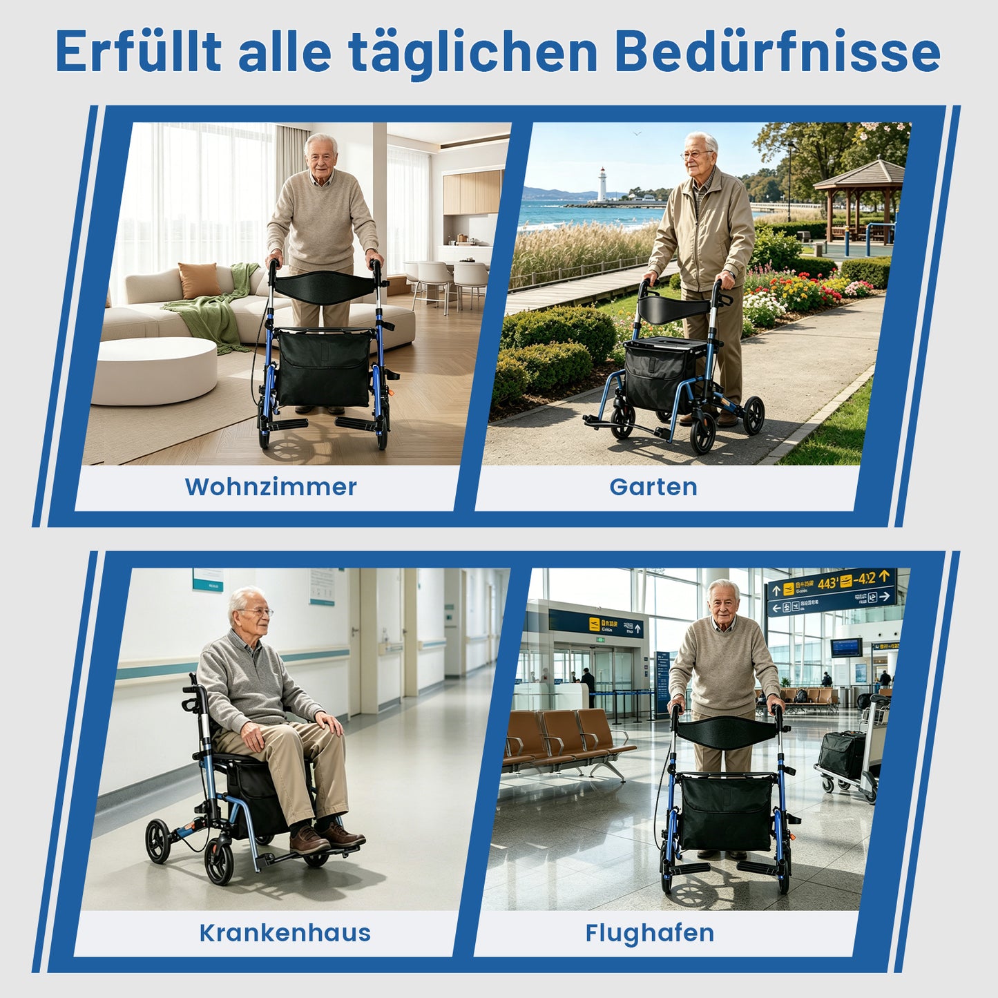 Invvqu W3-B – 2-in-1 Rollator & Transportstuhl mit Fußstützen, faltbar, bis 150 kg