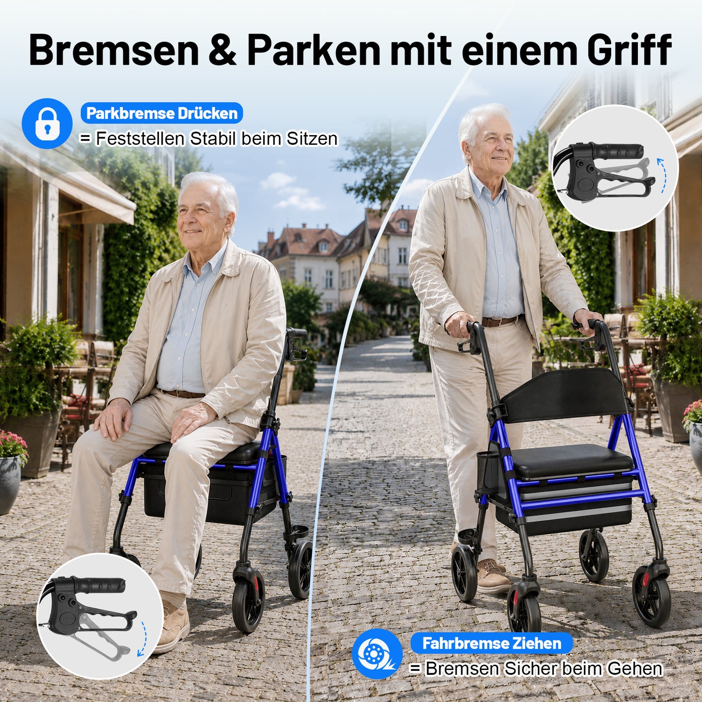 Invvqu W4-B – Stabiler Rollator mit Sitz & Tasche, 150 kg Tragkraft, 8-Zoll-Räder, Blau