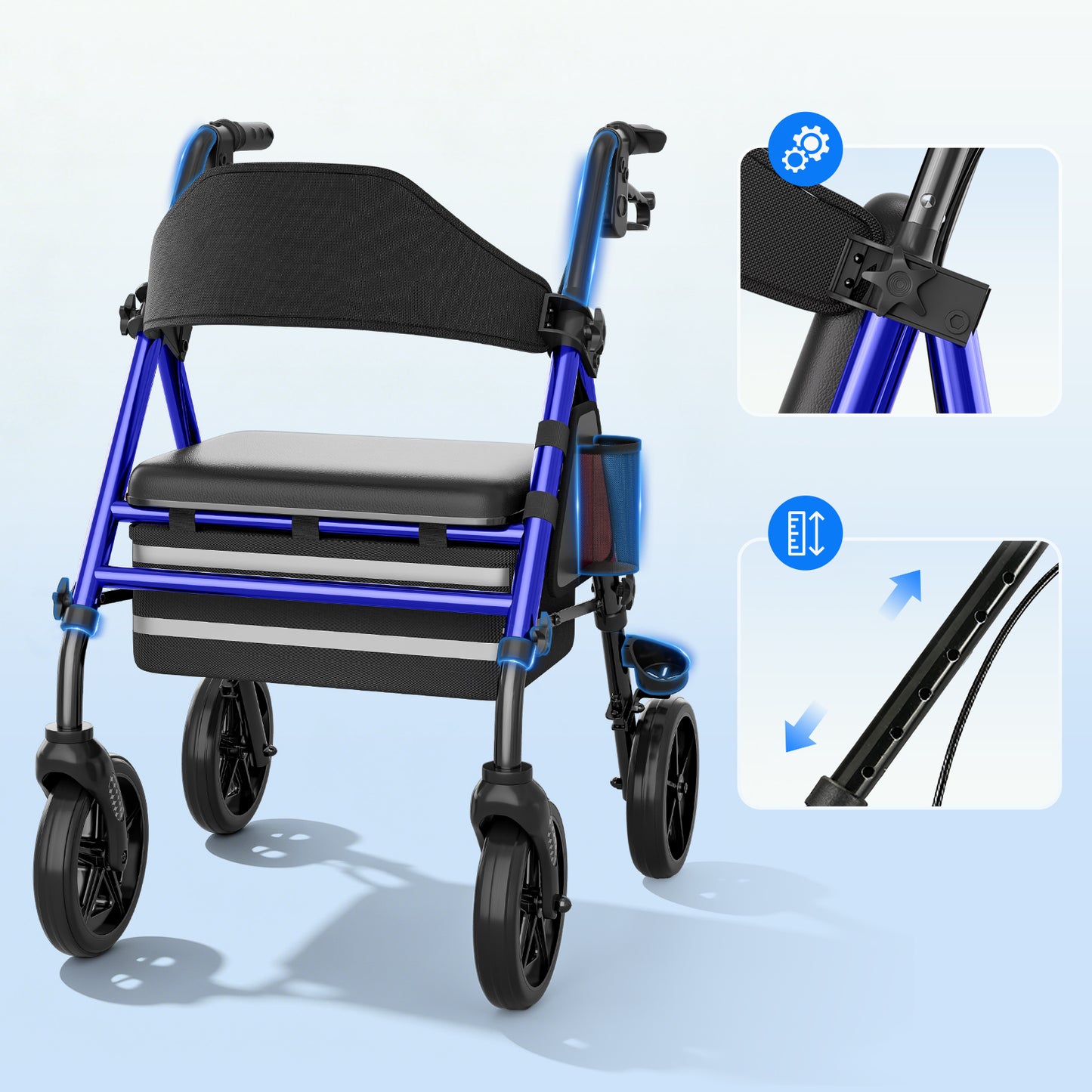 Invvqu W4-B Rollator mit Sitz und Tasche, stabiler Rollator für Senioren, 150 kg belastbar, 8-Zoll-Räder, Blau