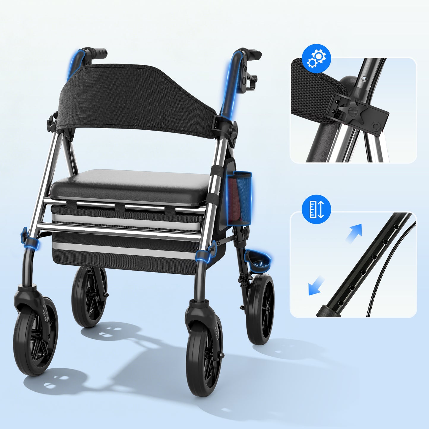 Invvqu W4-S Faltbarer Rollator mit Sitz & Tasche, stabiler Gehwagen für Senioren, bis 150 kg belastbar, 8-Zoll-Räder, Silber