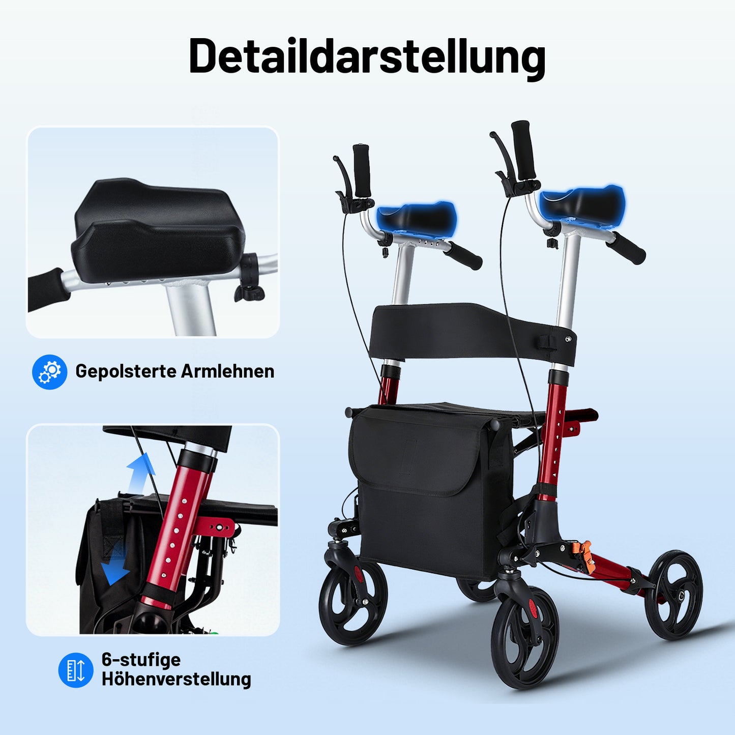 Invvqu W2-R – Rollator mit Unterarmstützen und Armauflagen, höhenverstellbar, bis 150 kg