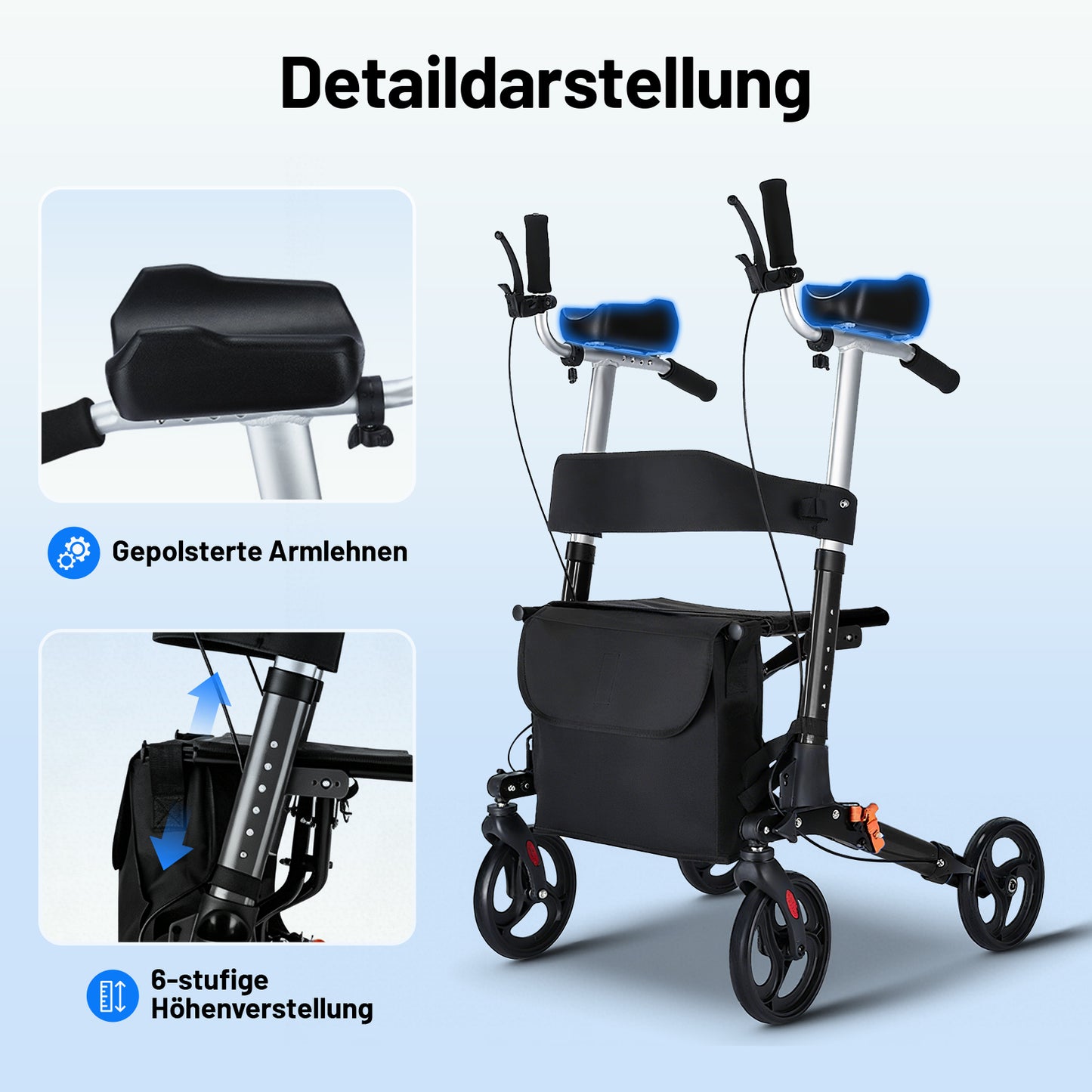Invvqu W2-S – Rollator mit Unterarmstützen und Armauflagen, höhenverstellbar, bis 150 kg