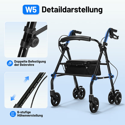 Invvqu W5 – Andador plegable ligero, 8,14 kg, con asiento y bolso, altura ajustable