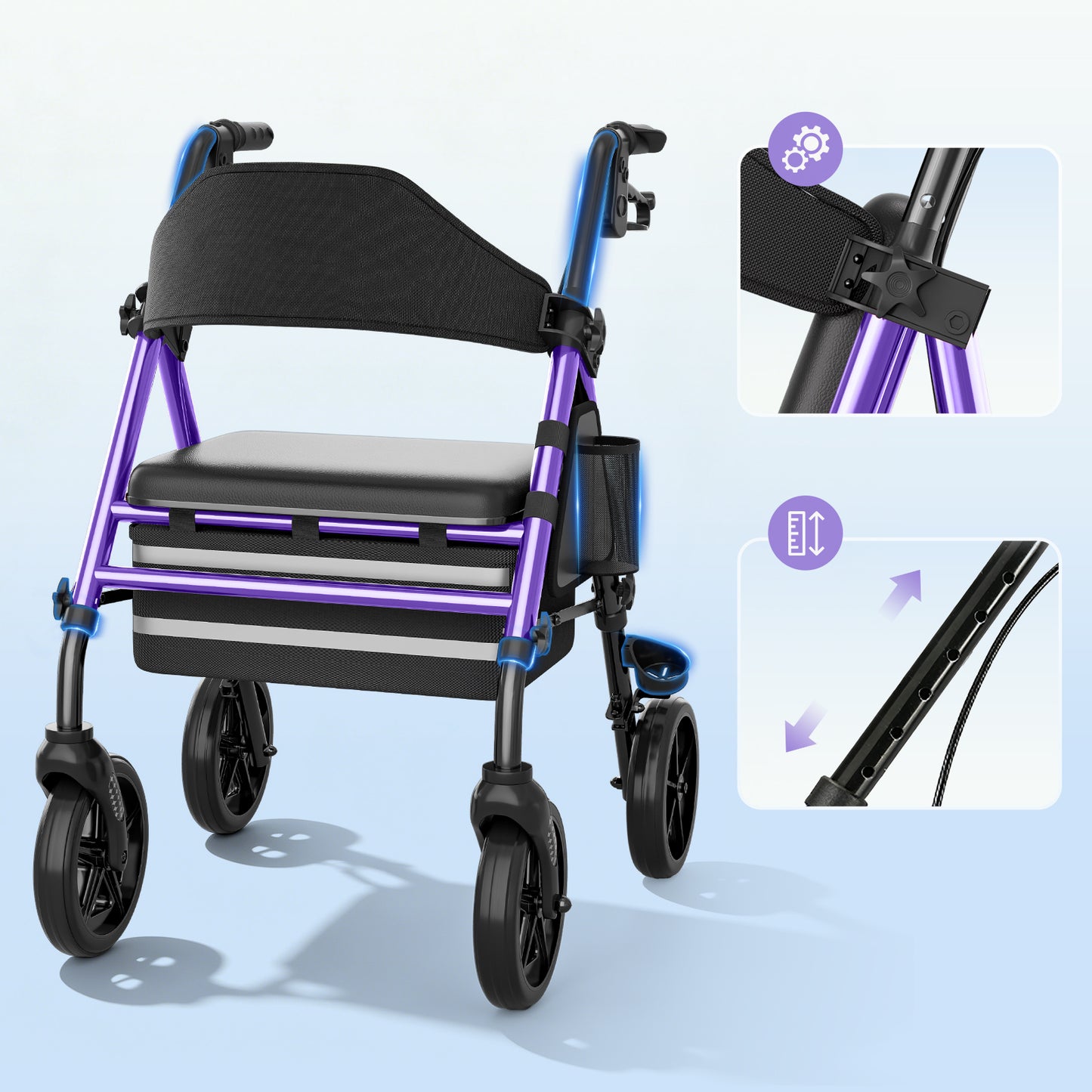 Leichter & stabiler Rollator mit Sitz – Invvqu W4-L (Lila), 150 kg Tragkraft, 8-Zoll Räder, faltbar, inkl. Tasche