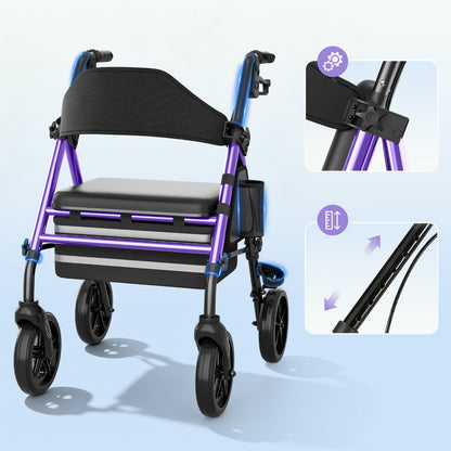 Leichter & stabiler Rollator mit Sitz – Invvqu W4-L (Lila), 150 kg Tragkraft, 8-Zoll Räder, faltbar, inkl. Tasche
