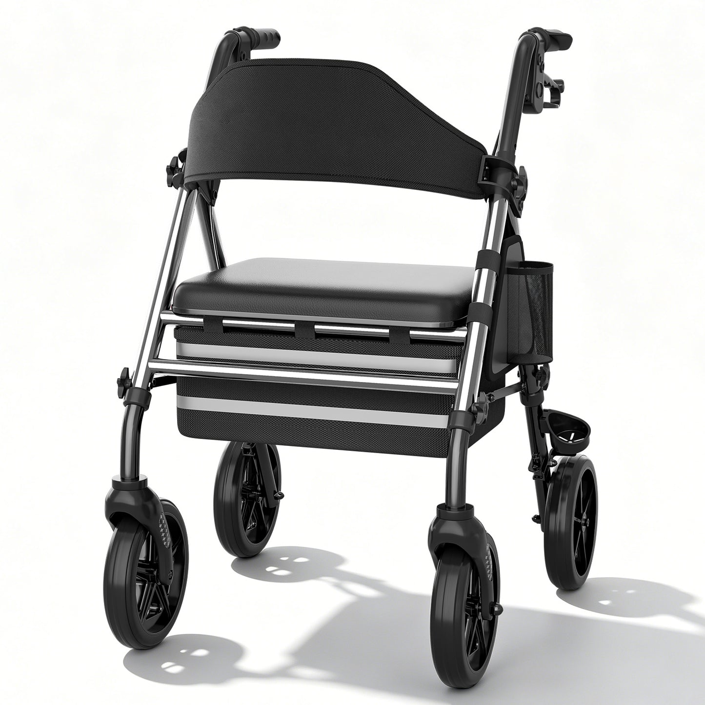 Invvqu W4-S Faltbarer Rollator mit Sitz & Tasche, stabiler Gehwagen für Senioren, bis 150 kg belastbar, 8-Zoll-Räder, Silber