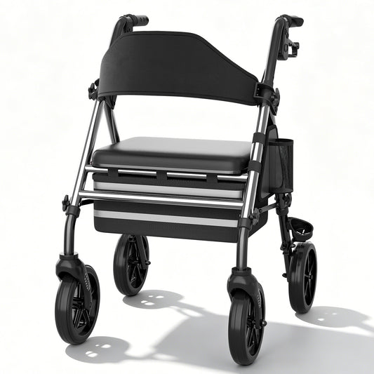 Invvqu W4-S Faltbarer Rollator mit Sitz & Tasche, stabiler Gehwagen für Senioren, bis 150 kg belastbar, 8-Zoll-Räder, Silber