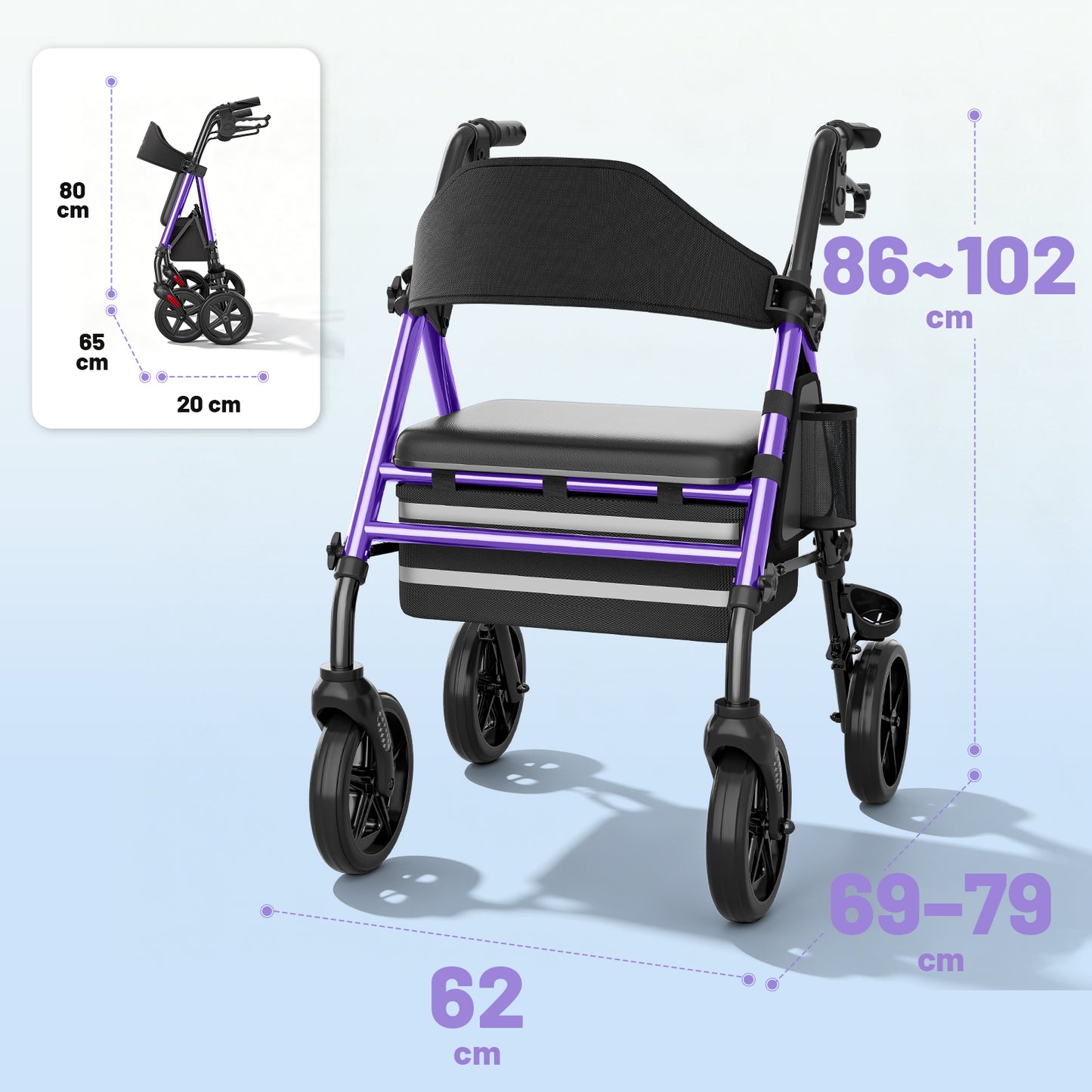 Leichter & stabiler Rollator mit Sitz – Invvqu W4-L (Lila), 150 kg Tragkraft, 8-Zoll Räder, faltbar, inkl. Tasche