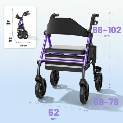 Leichter & stabiler Rollator mit Sitz – Invvqu W4-L (Lila), 150 kg Tragkraft, 8-Zoll Räder, faltbar, inkl. Tasche