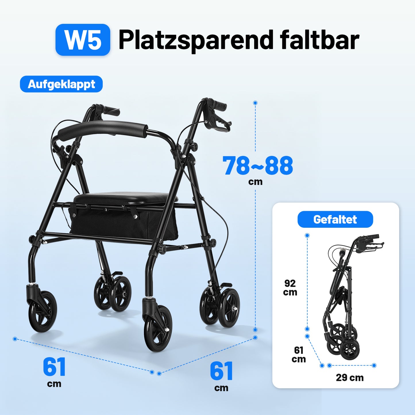 Invvqu W5 – Andador plegable ligero, 8,14 kg, con asiento y bolso, altura ajustable