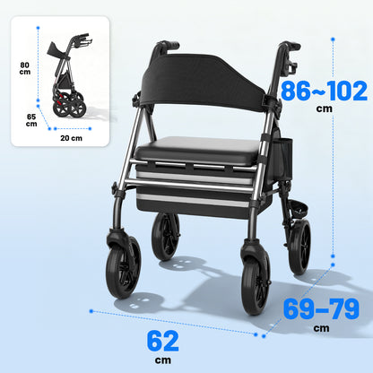 Invvqu W4-S Faltbarer Rollator mit Sitz & Tasche, stabiler Gehwagen für Senioren, bis 150 kg belastbar, 8-Zoll-Räder, Silber