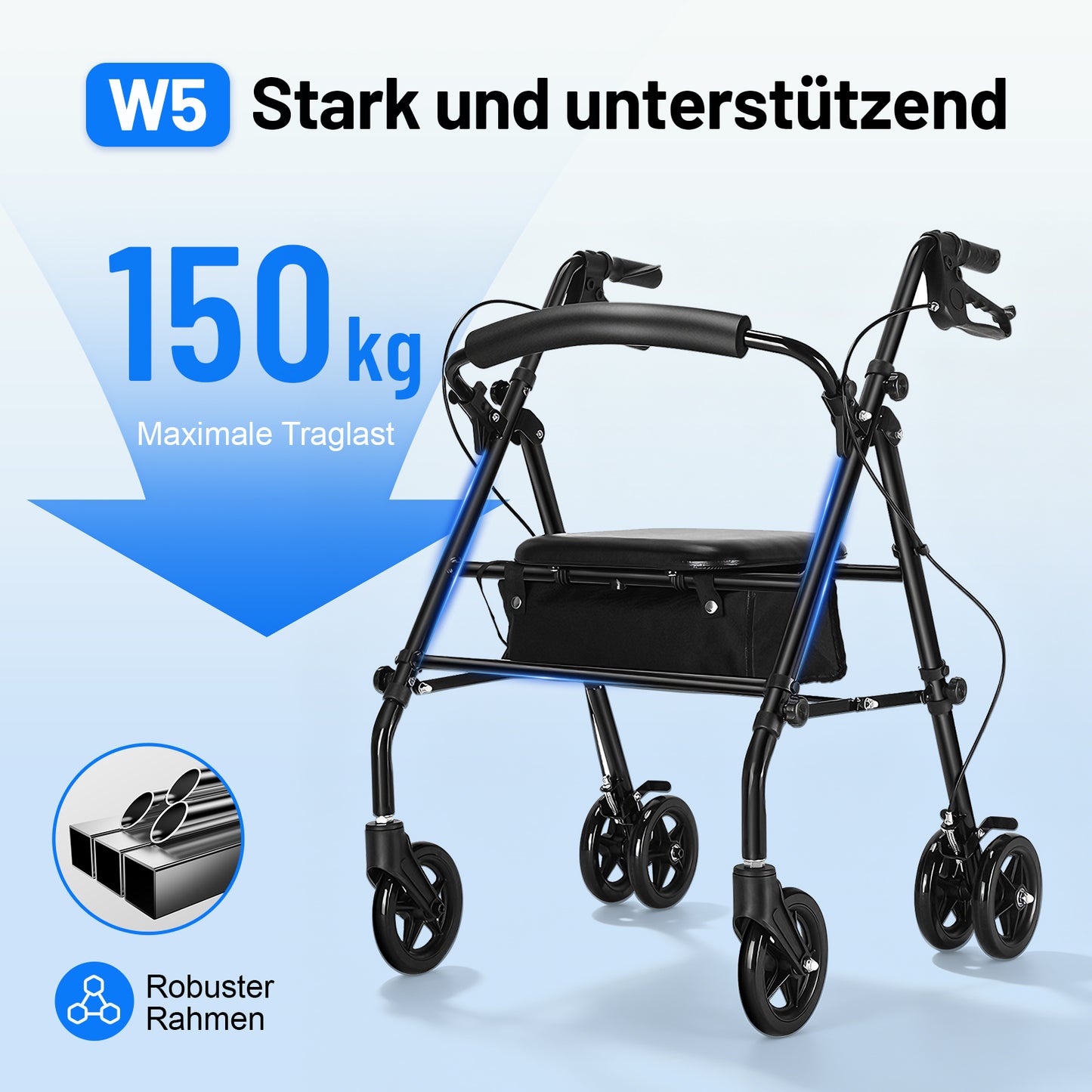 Invvqu W5 – Andador plegable ligero, 8,14 kg, con asiento y bolso, altura ajustable