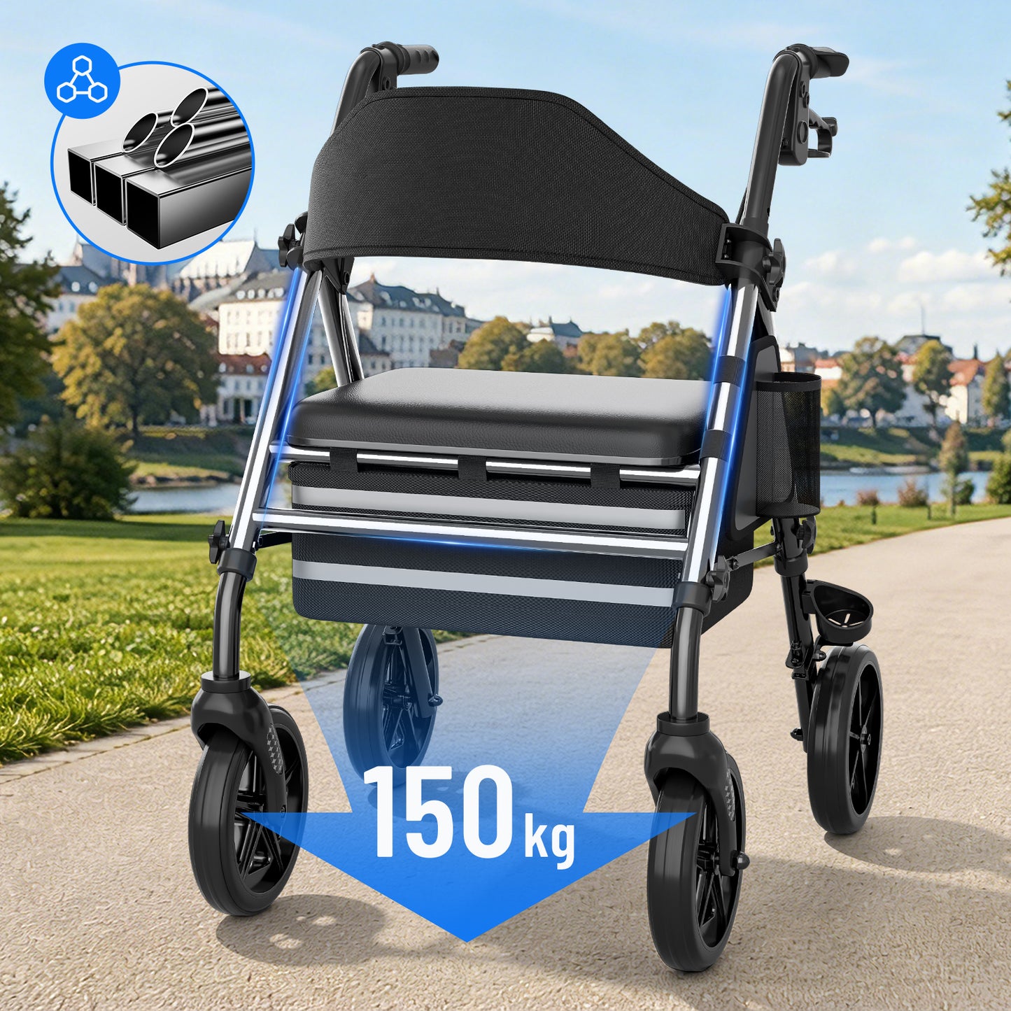 Invvqu W4-S Faltbarer Rollator mit Sitz & Tasche, stabiler Gehwagen für Senioren, bis 150 kg belastbar, 8-Zoll-Räder, Silber