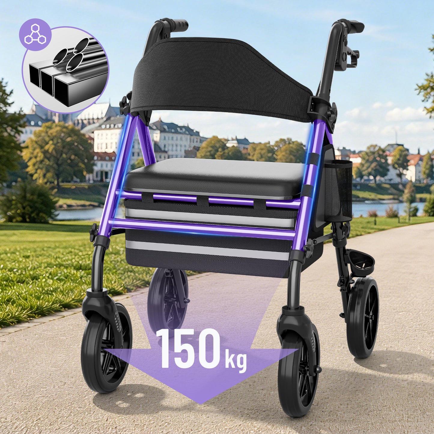 Leichter & stabiler Rollator mit Sitz – Invvqu W4-L (Lila), 150 kg Tragkraft, 8-Zoll Räder, faltbar, inkl. Tasche