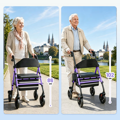 Leichter & stabiler Rollator mit Sitz – Invvqu W4-L (Lila), 150 kg Tragkraft, 8-Zoll Räder, faltbar, inkl. Tasche