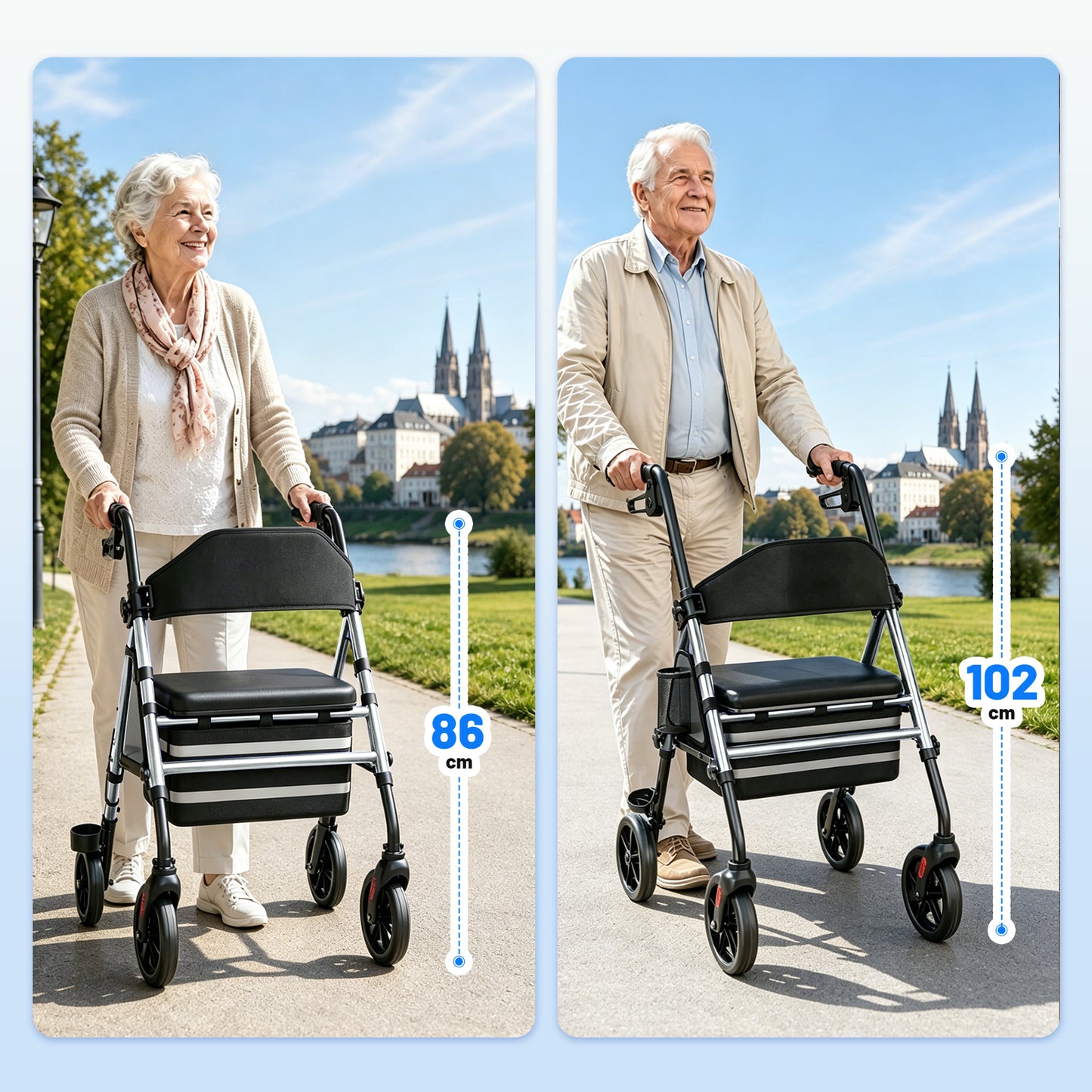 Invvqu W4-S Faltbarer Rollator mit Sitz & Tasche, stabiler Gehwagen für Senioren, bis 150 kg belastbar, 8-Zoll-Räder, Silber