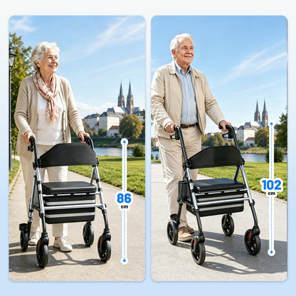 Invvqu W4-S Faltbarer Rollator mit Sitz & Tasche, stabiler Gehwagen für Senioren, bis 150 kg belastbar, 8-Zoll-Räder, Silber