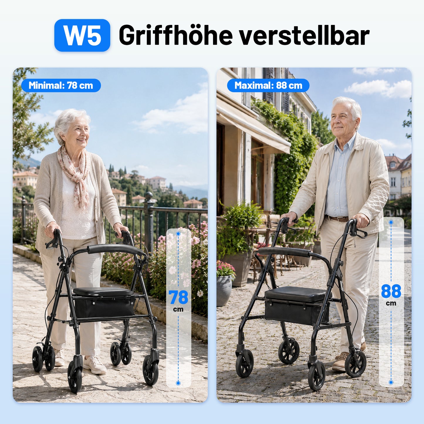 Invvqu W5 – Andador plegable ligero, 8,14 kg, con asiento y bolso, altura ajustable