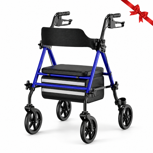 Invvqu W4-B – Andador resistente con asiento y bolsa, 150 kg de capacidad de carga, ruedas de 8 pulgadas, azul