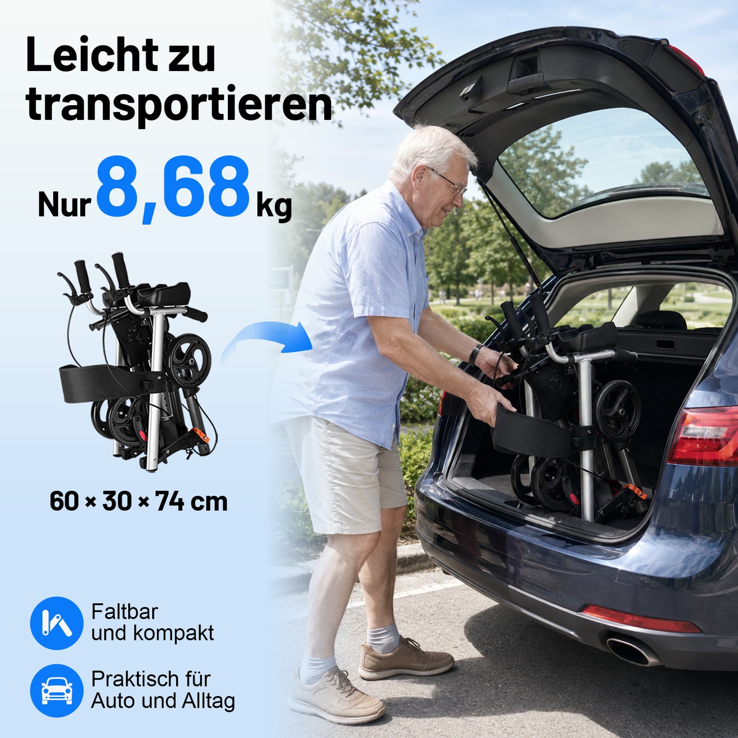 Invvqu W2-S – Rollator mit Unterarmstützen und Armauflagen, höhenverstellbar, bis 150 kg