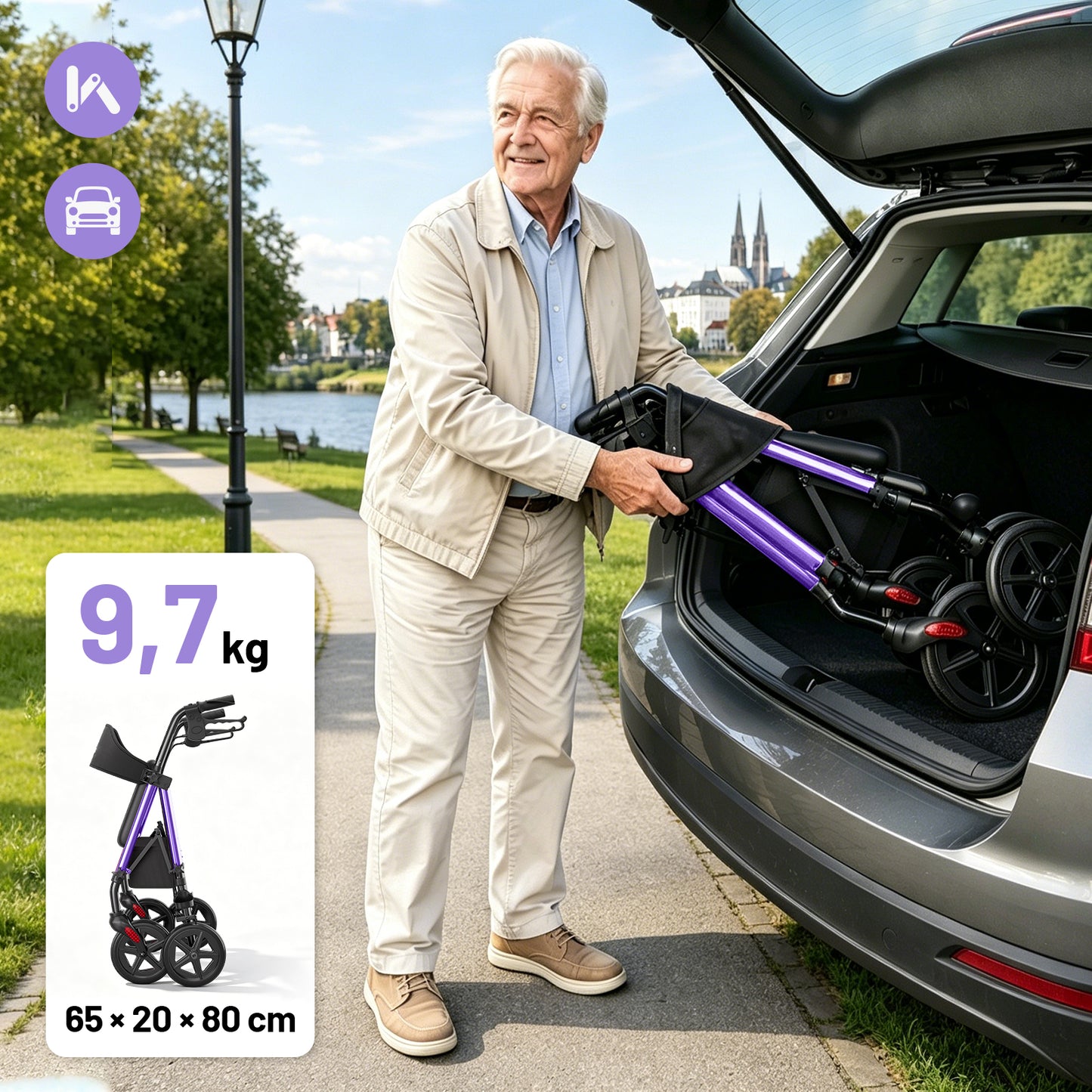 Leichter & stabiler Rollator mit Sitz – Invvqu W4-L (Lila), 150 kg Tragkraft, 8-Zoll Räder, faltbar, inkl. Tasche