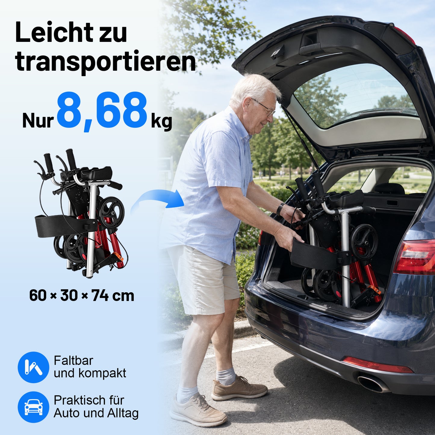 Invvqu W2-R – Rollator mit Unterarmstützen und Armauflagen, höhenverstellbar, bis 150 kg