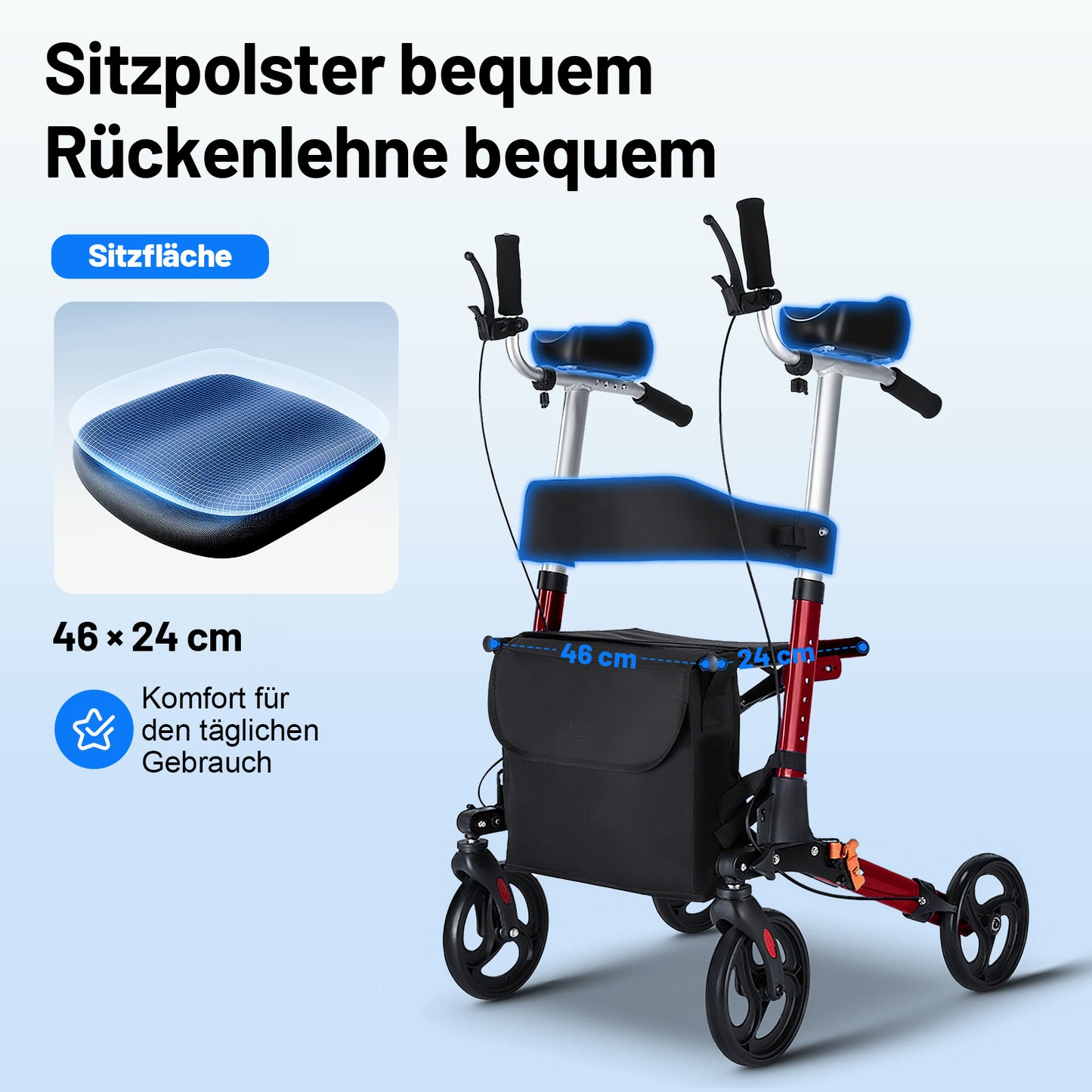 Invvqu W2-R – Rollator mit Unterarmstützen und Armauflagen, höhenverstellbar, bis 150 kg