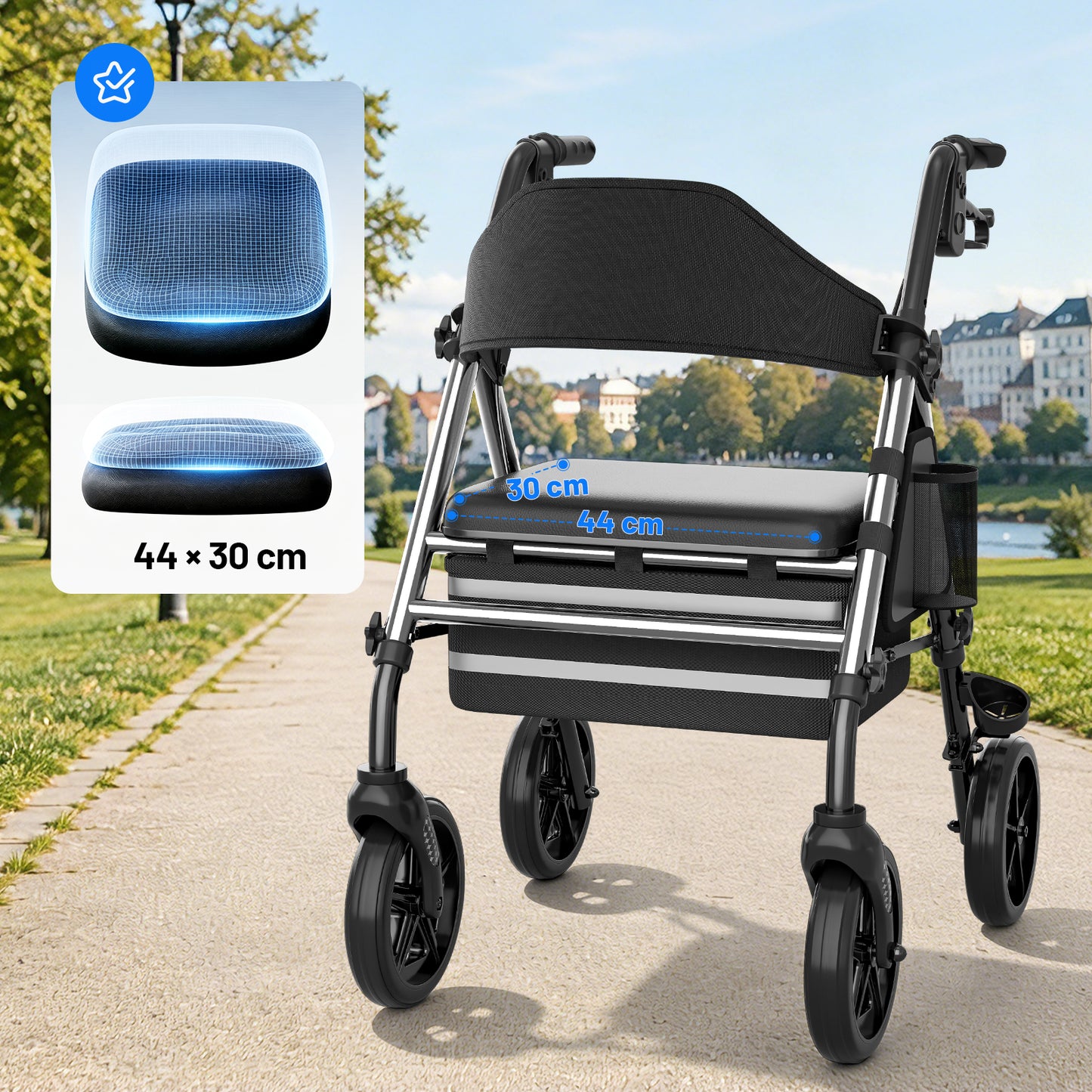 Invvqu W4-S Faltbarer Rollator mit Sitz & Tasche, stabiler Gehwagen für Senioren, bis 150 kg belastbar, 8-Zoll-Räder, Silber