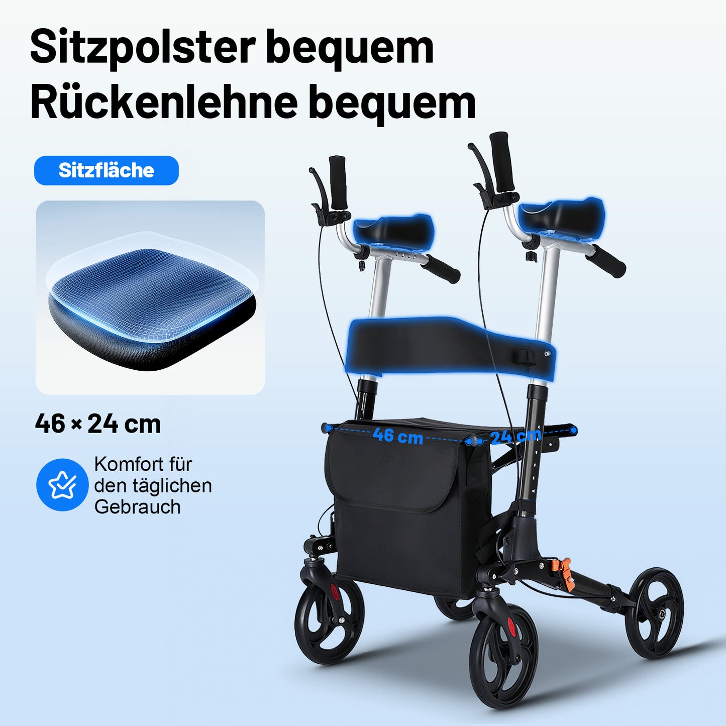 Invvqu W2-S – Rollator mit Unterarmstützen und Armauflagen, höhenverstellbar, bis 150 kg