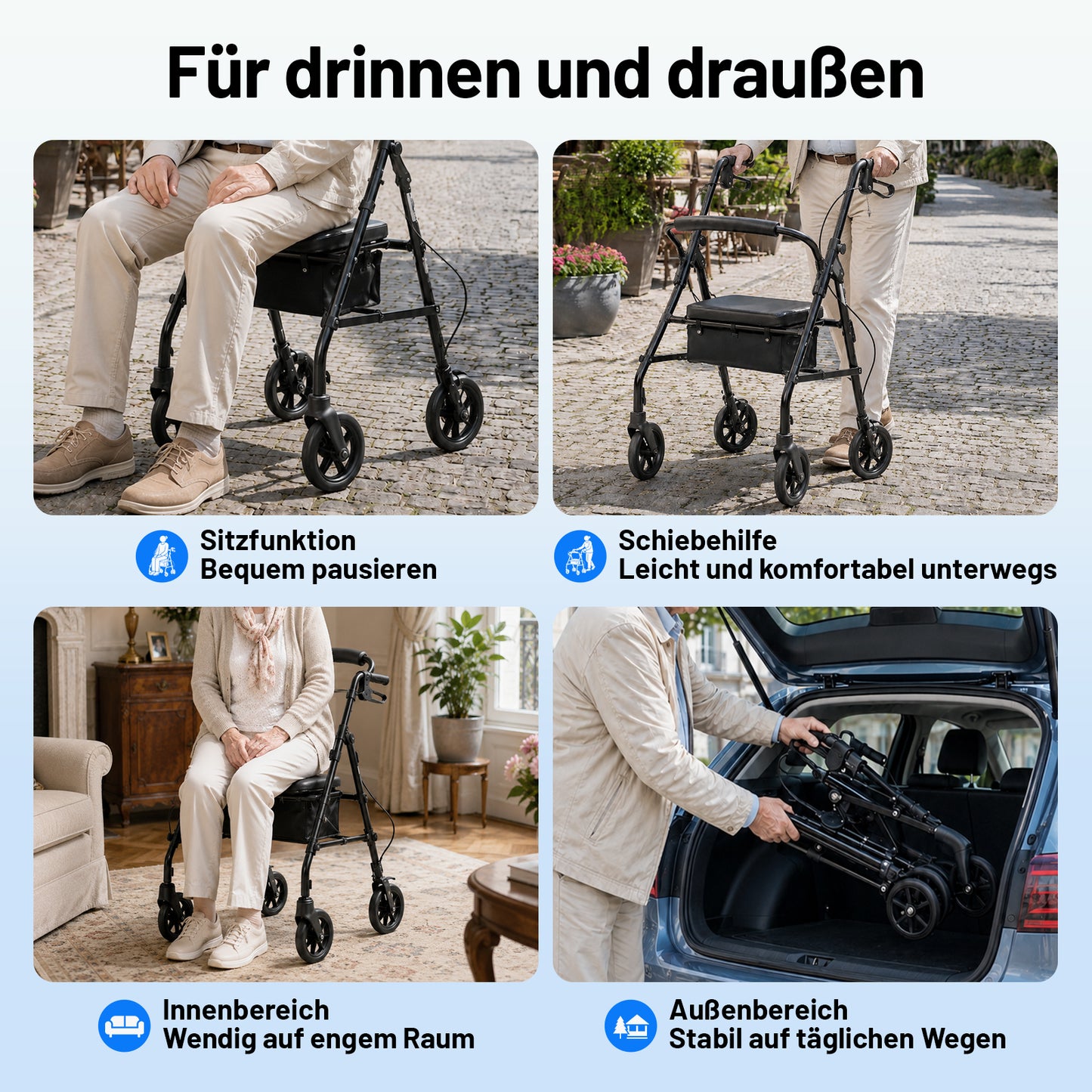 Invvqu W5 – Andador plegable ligero, 8,14 kg, con asiento y bolso, altura ajustable
