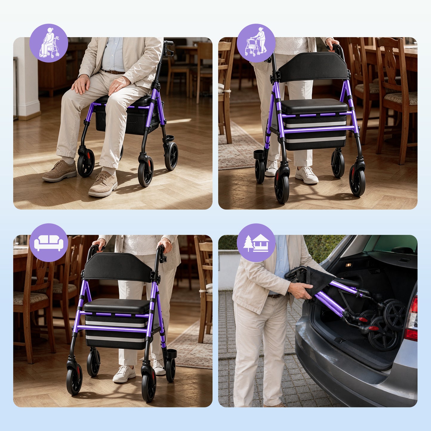 Leichter & stabiler Rollator mit Sitz – Invvqu W4-L (Lila), 150 kg Tragkraft, 8-Zoll Räder, faltbar, inkl. Tasche