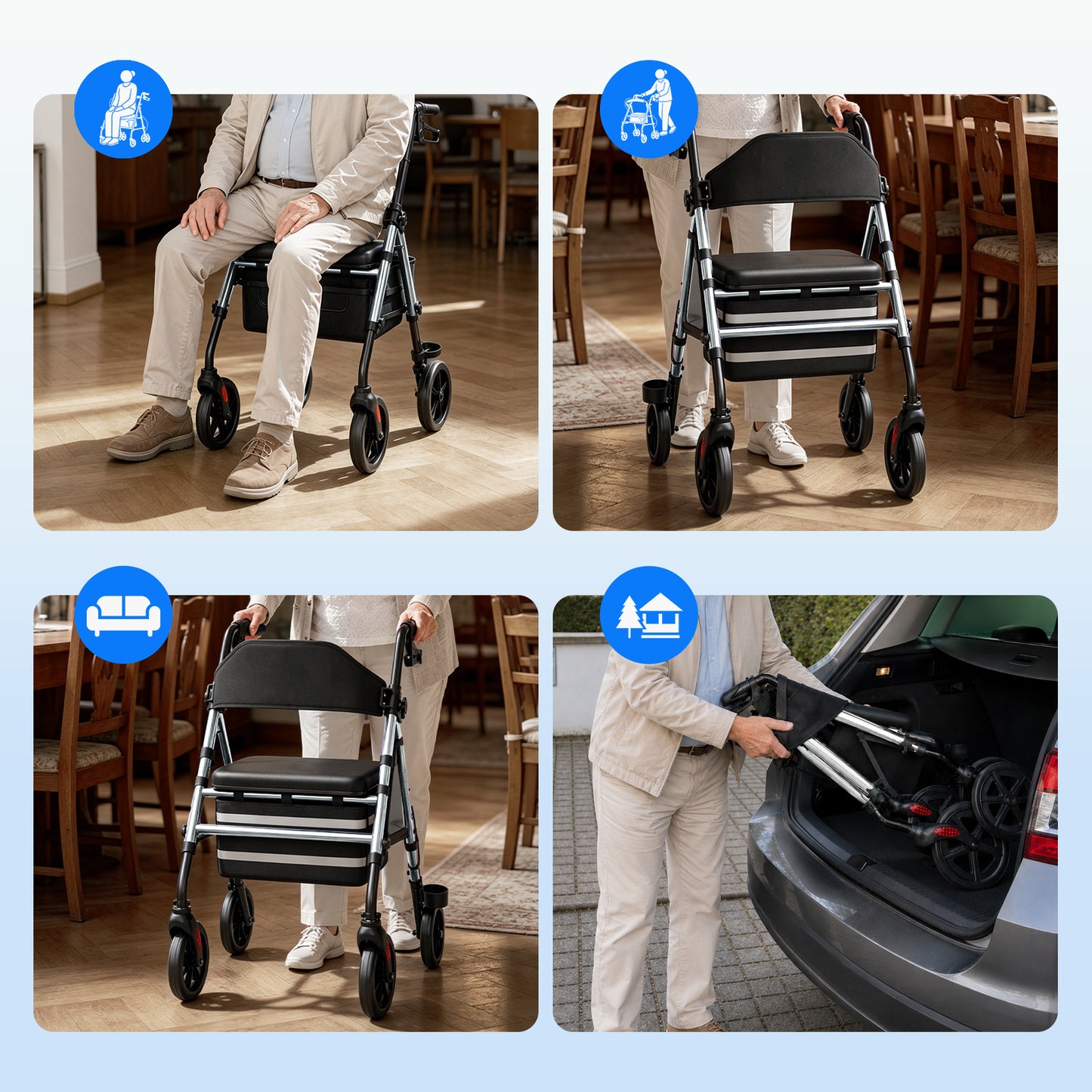 Invvqu W4-S Faltbarer Rollator mit Sitz & Tasche, stabiler Gehwagen für Senioren, bis 150 kg belastbar, 8-Zoll-Räder, Silber