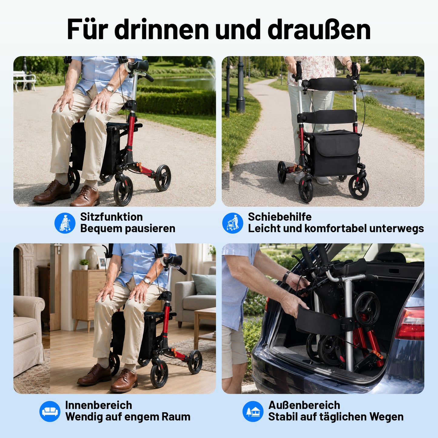 Invvqu W2-R – Rollator mit Unterarmstützen und Armauflagen, höhenverstellbar, bis 150 kg