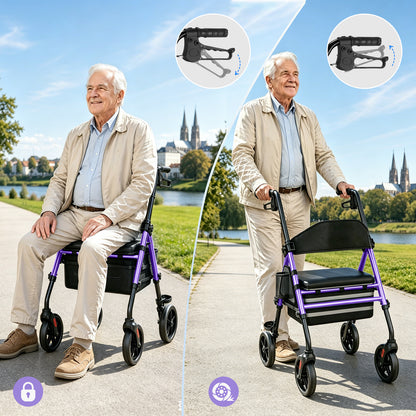 Leichter & stabiler Rollator mit Sitz – Invvqu W4-L (Lila), 150 kg Tragkraft, 8-Zoll Räder, faltbar, inkl. Tasche