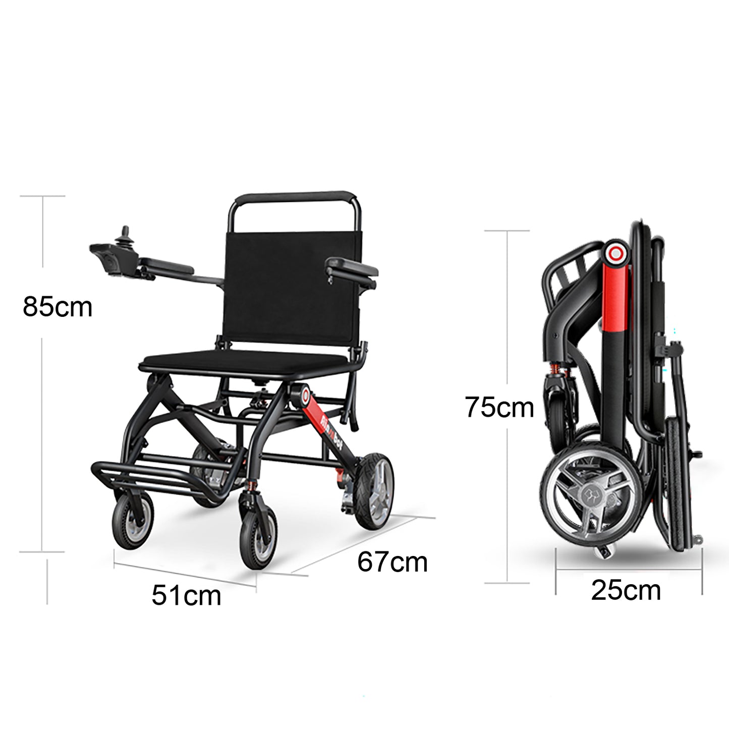 Invvqu VITA-1H Schwarz-Rot faltbarer Elektrorollstuhl– 500W Motor, 12Ah Akku, 20 km Reichweite