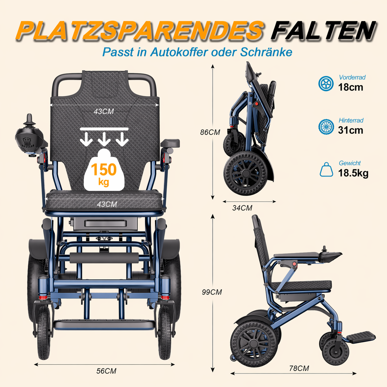 Invvqu D14 faltbarer Elektrorollstuhl – 18,5 kg, 500 W, 12 Ah, 150 kg