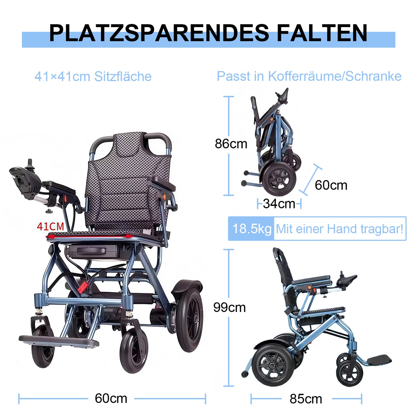 Invvqu D04 Elektrorollstuhl – 10Ah Akku, 20 km Reichweite, 500W Motor, faltbar & leicht