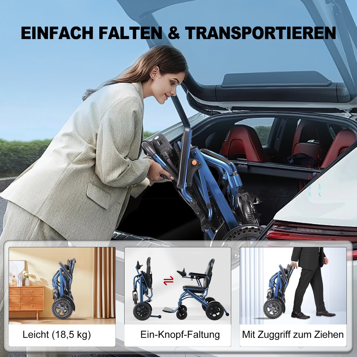 Invvqu D04 Elektrorollstuhl – 10Ah Akku, 20 km Reichweite, 500W Motor, faltbar & leicht