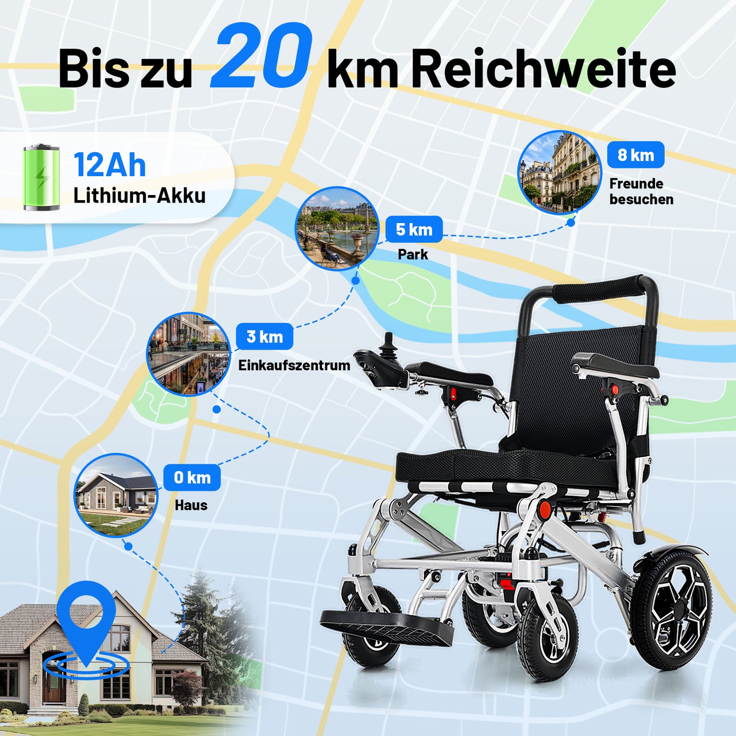 Invvqu E10 – Faltbarer Elektrorollstuhl, 500 W, 12 Ah, ideal für Alltag und Begleitung