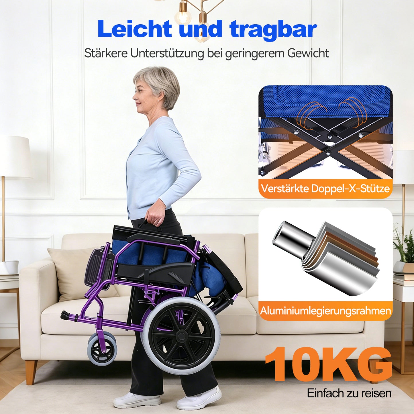 Invvqu M3-L – Faltbarer leichter Senioren-Begleitrollstuhl, 10 kg, 100 kg Tragkraft, Aluminium