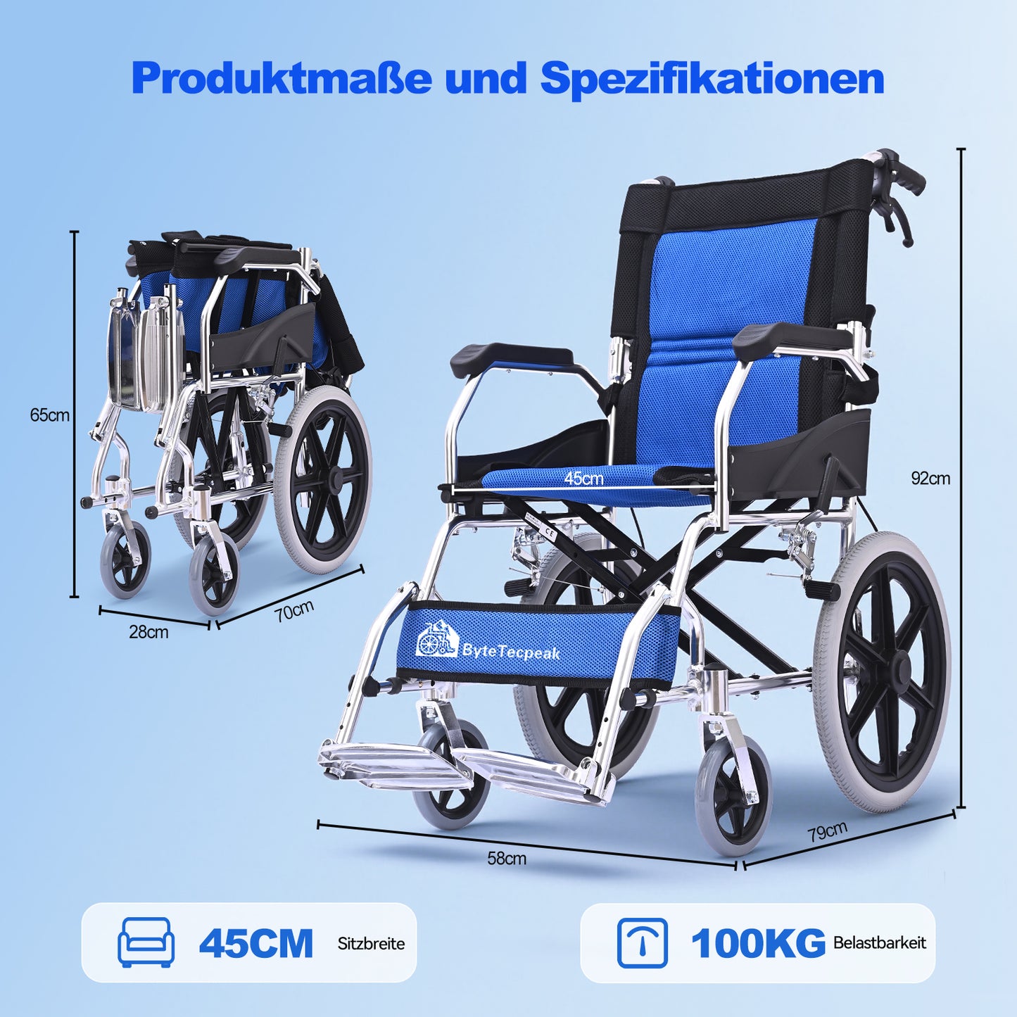 Invvqu M3 Faltbarer Rollstuhl – Leicht, Stabil, Aluminiumrahmen, 100 kg Tragkraft