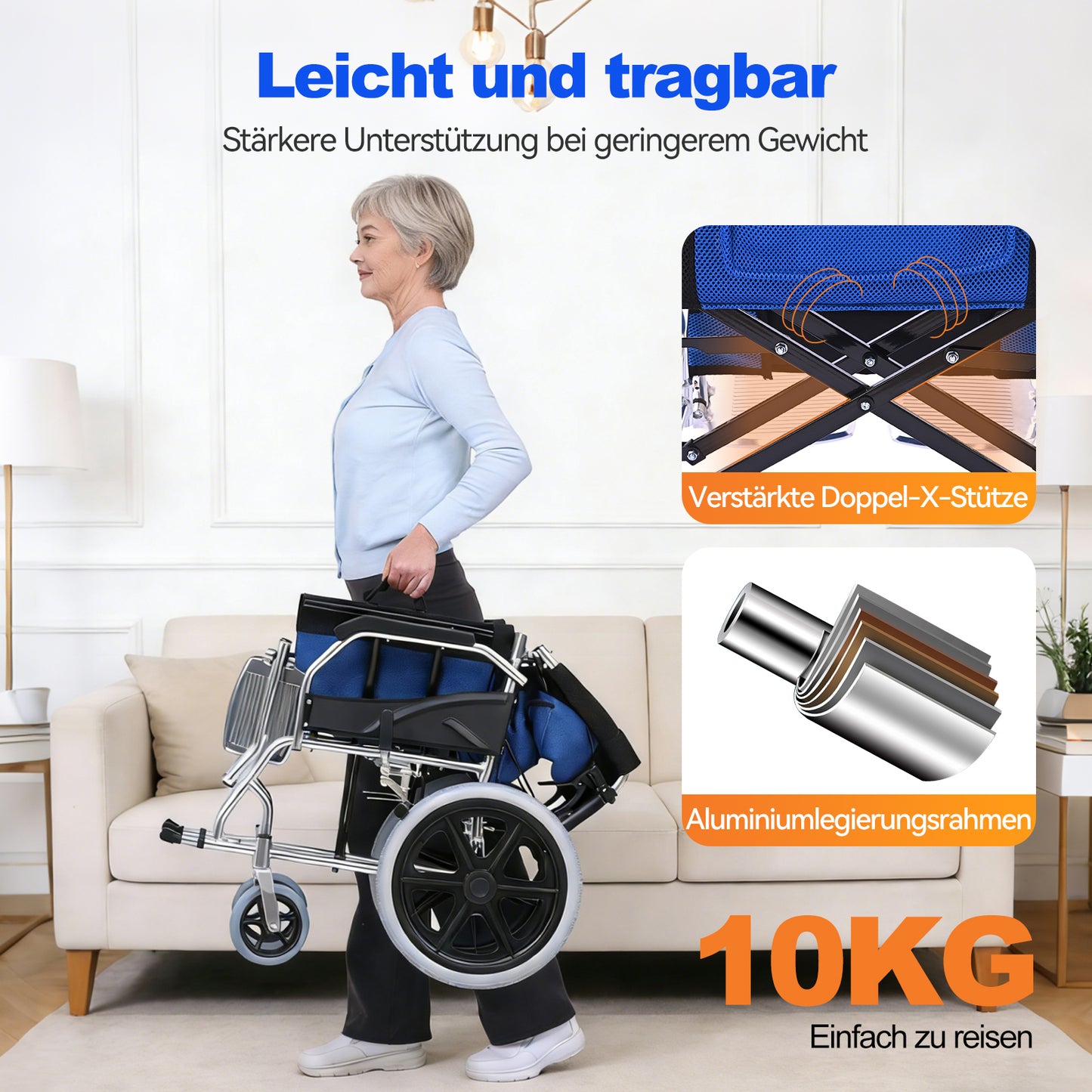 Invvqu M3 Faltbarer Rollstuhl – Leicht, Stabil, Aluminiumrahmen, 100 kg Tragkraft
