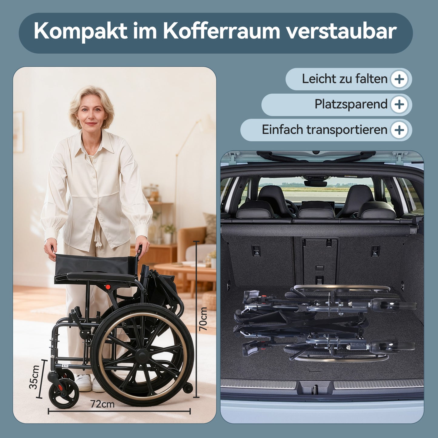 Invvqu M4 Faltbarer Rollstuhl – Leicht, Manueller Aluminium Rollstuhl, 100 kg