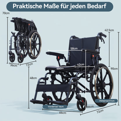 Invvqu M4 Faltbarer Rollstuhl – Leicht, Manueller Aluminium Rollstuhl, 100 kg