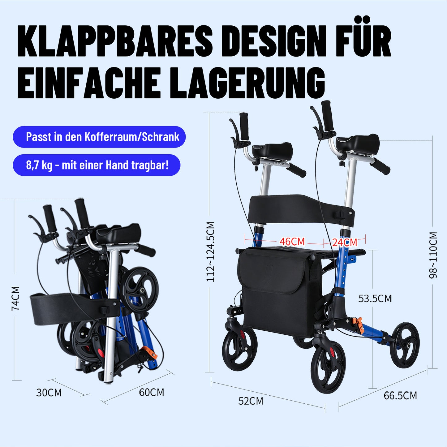 Invvqu R2 Rollator mit Sitz – Leicht, klappbar & höhenverstellbar, 150 kg