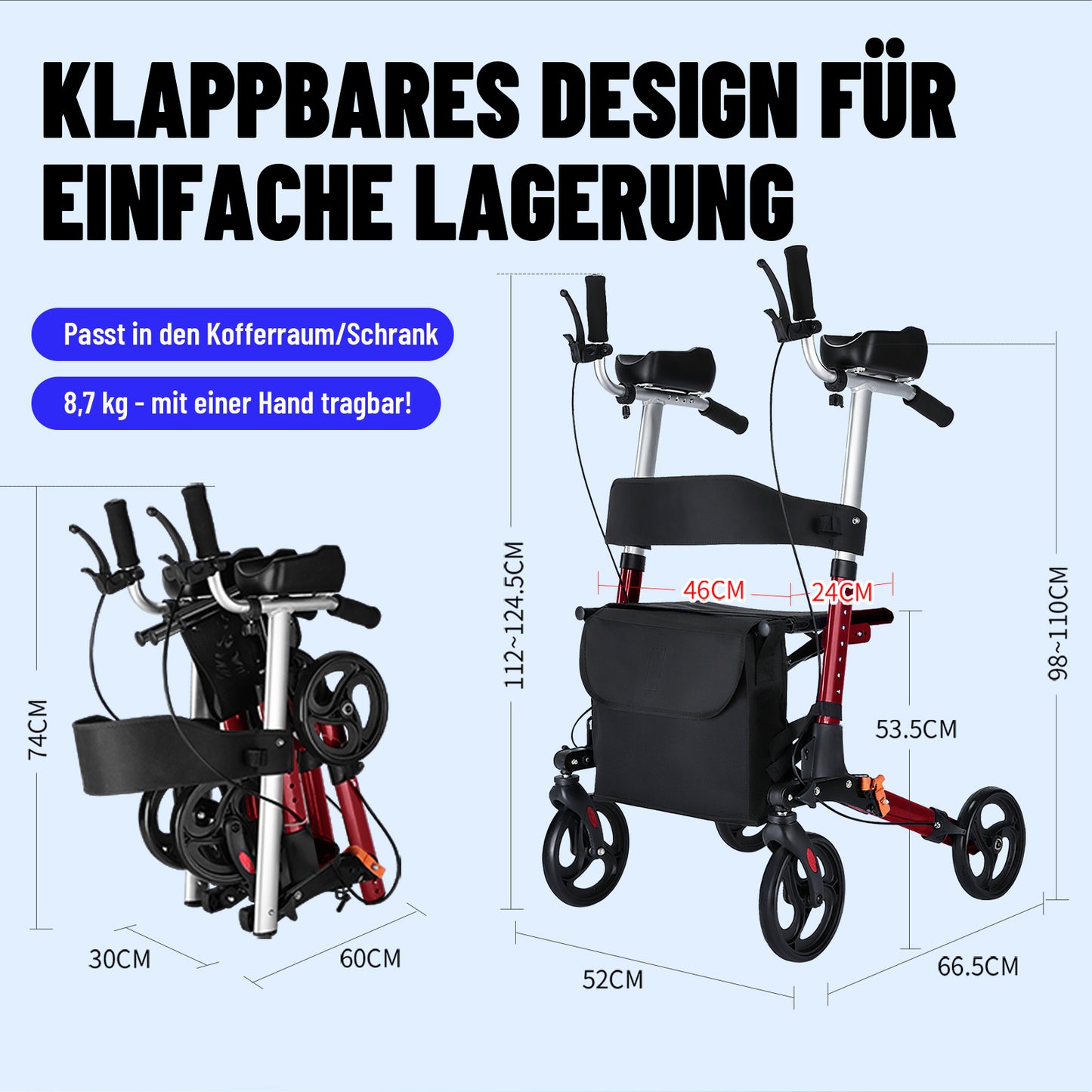 Invvqu W2-R – Rollator mit Unterarmstützen und Armauflagen, höhenverstellbar, bis 150 kg