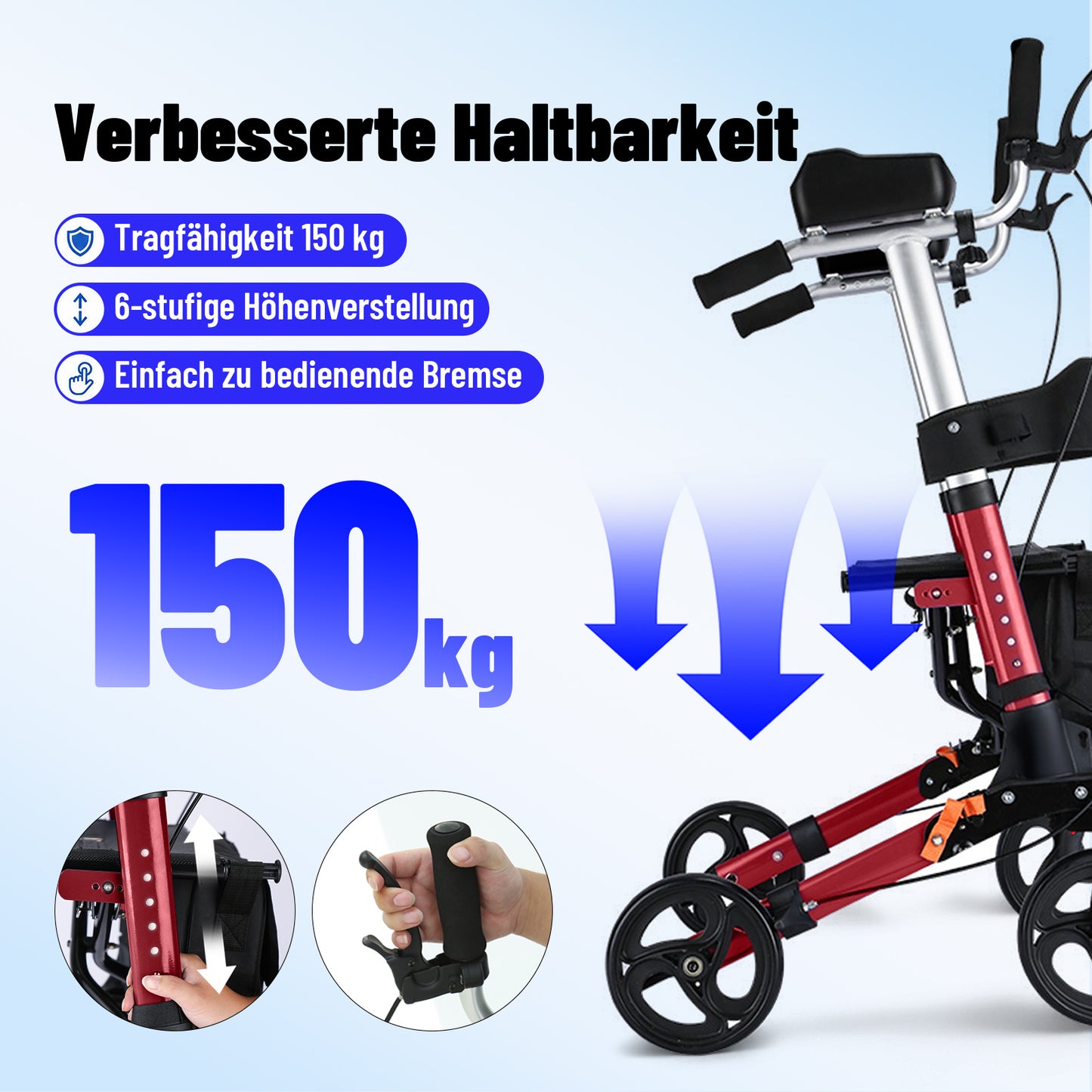 Invvqu W2-R – Rollator mit Unterarmstützen und Armauflagen, höhenverstellbar, bis 150 kg