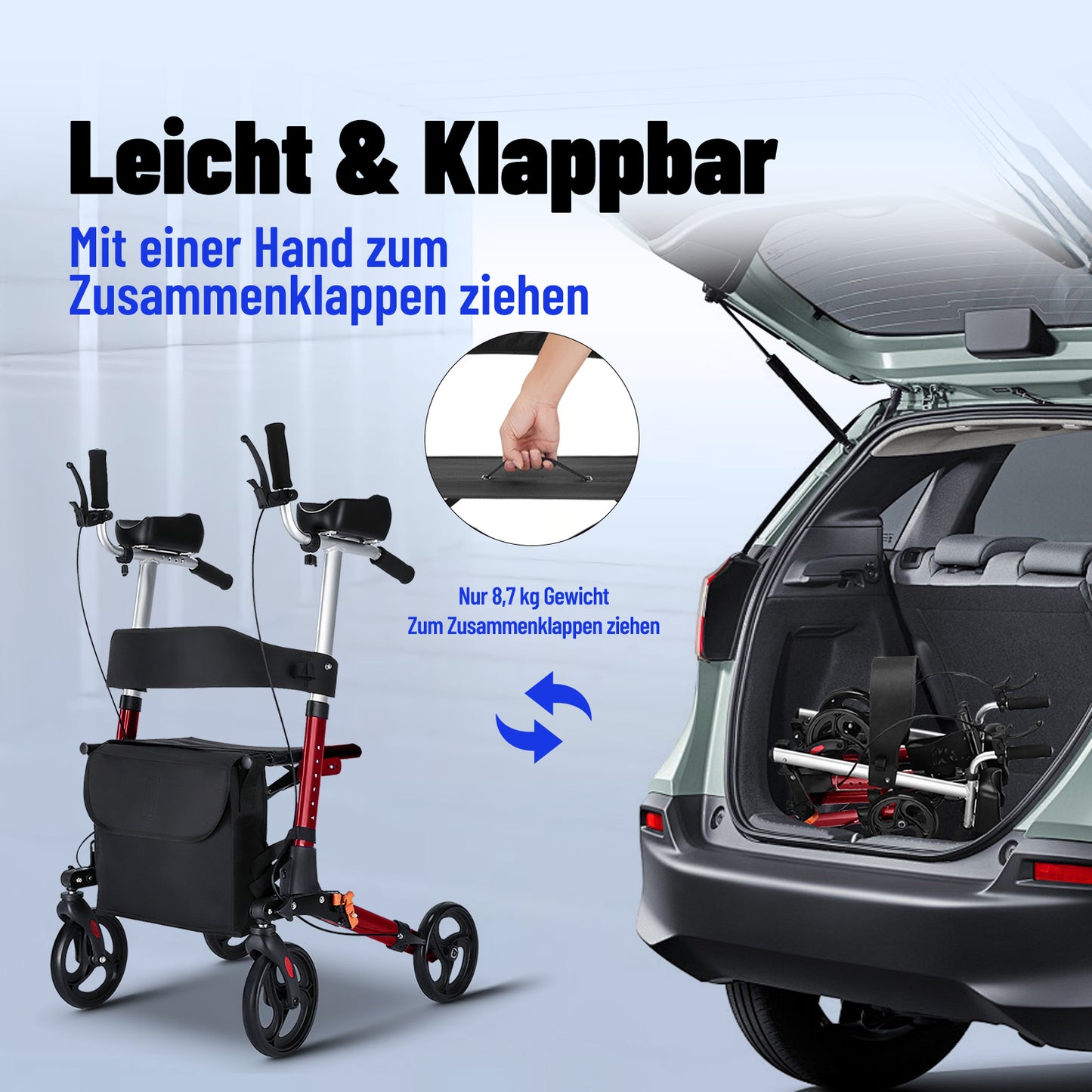 Invvqu W2-R – Rollator mit Unterarmstützen und Armauflagen, höhenverstellbar, bis 150 kg
