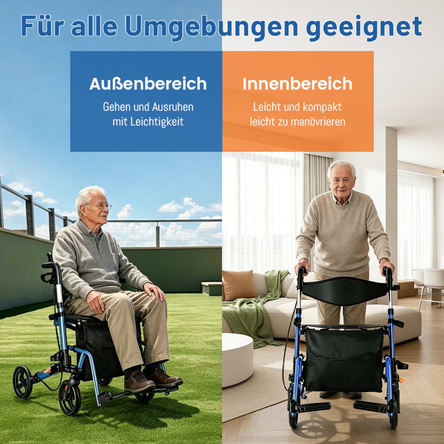 Invvqu W3-B – 2-in-1 Rollator & Transportstuhl mit Fußstützen, faltbar, bis 150 kg