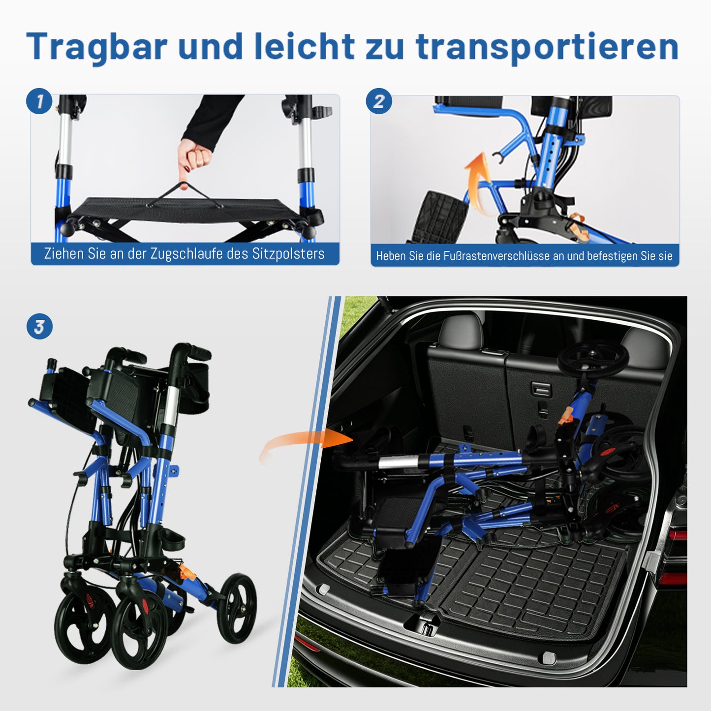Invvqu W3-B – 2-in-1 Rollator & Transportstuhl mit Fußstützen, faltbar, bis 150 kg